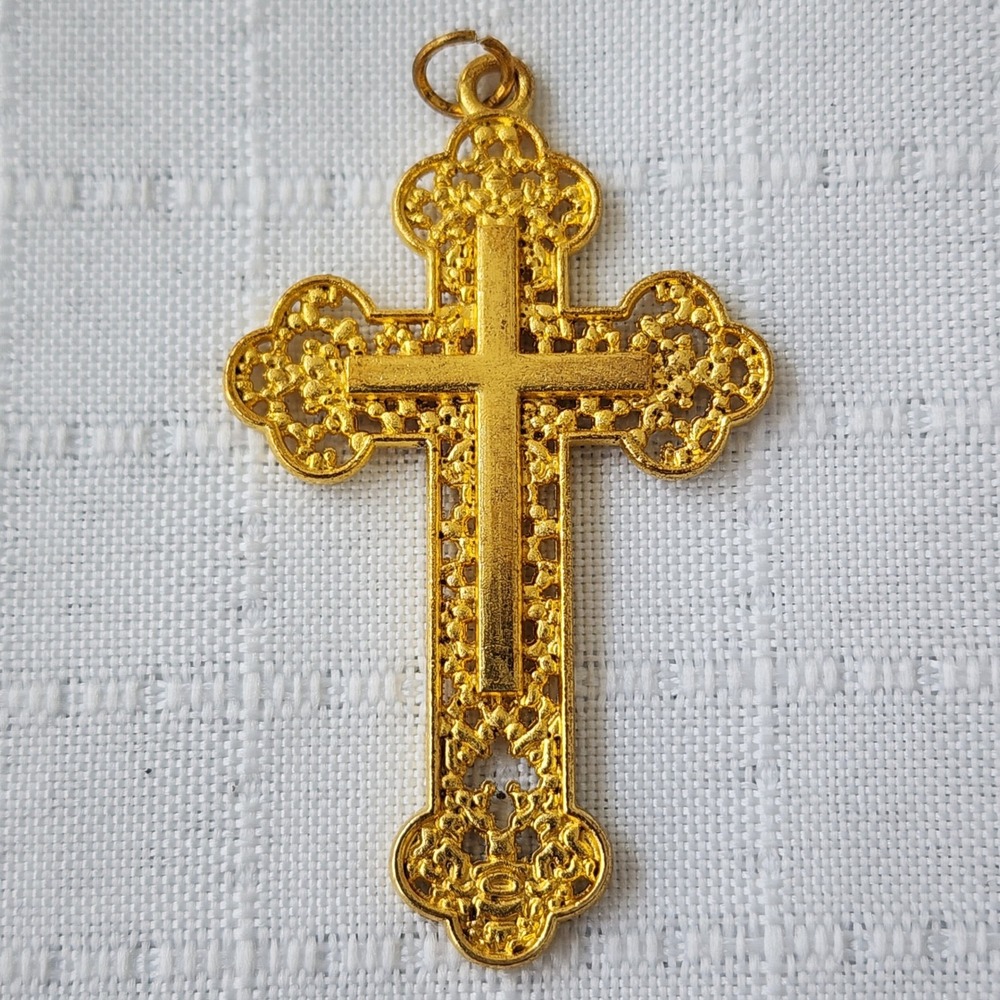 Vintage Style Gold Tone Filigree Layered Cross Pendant Ornate Scalloped Large